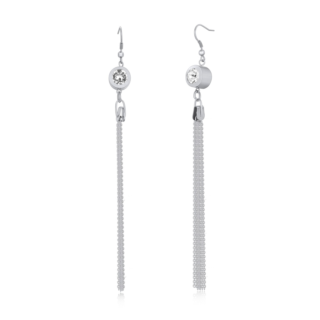 Silver Chain Tassel Drop Earrings with Clear Crystal Stud