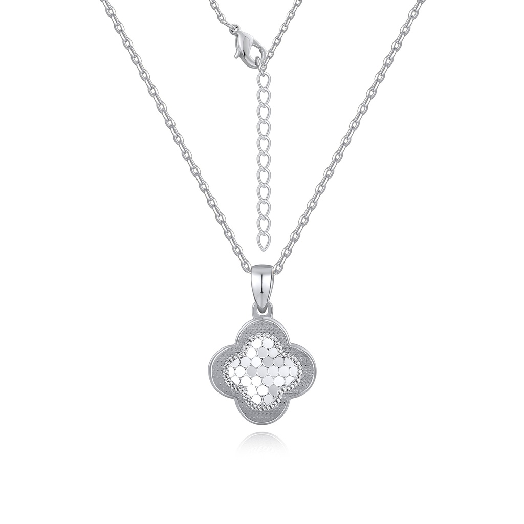 Silver Clover Pendant Necklace with Honeycomb Textured Center