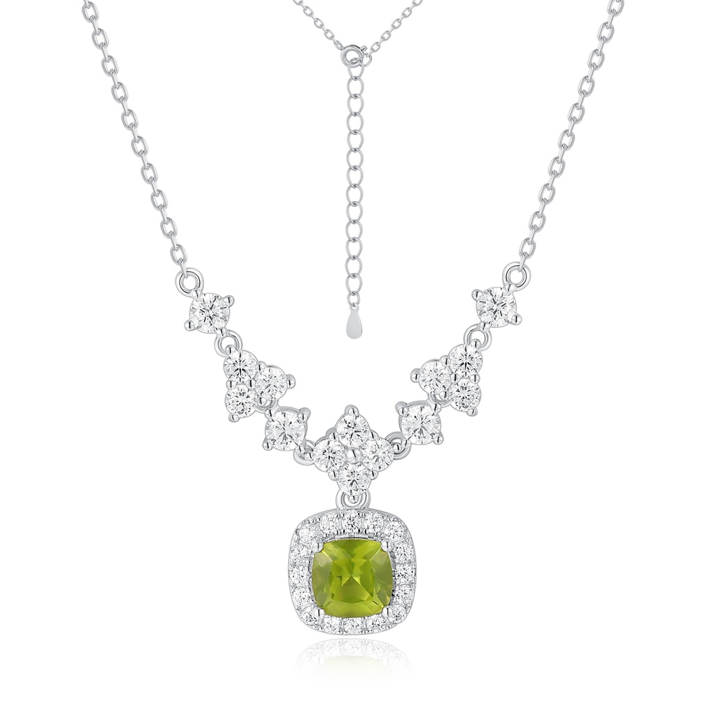 Silver Cluster Necklace with Green Cushion CZ and Halo Pendant