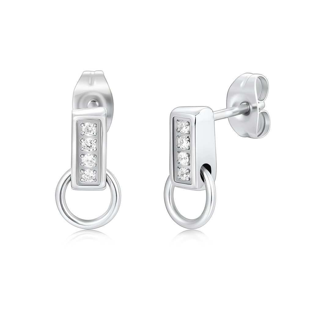 Silver Color Stainless Steel Earrings with Crystals and Dangling Circle Charms