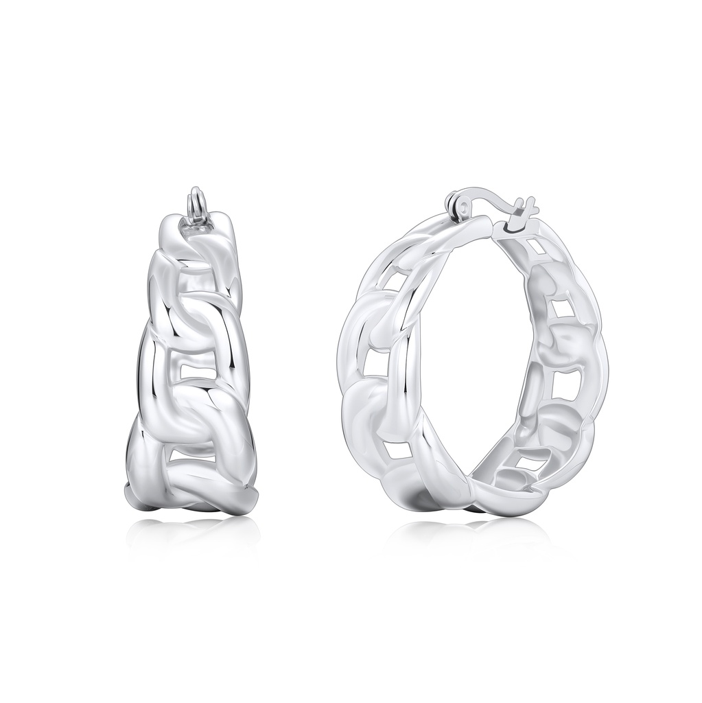 Silver Color Stainless Steel Hoop Earrings with Bold Chain-Link Design