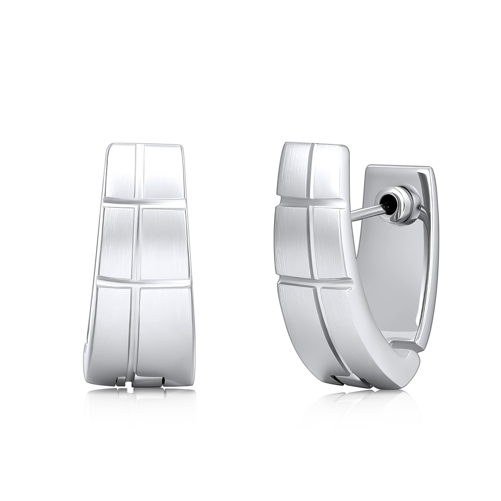 Silver Color Stainless Steel Huggie Earrings with Geometric Grid Design