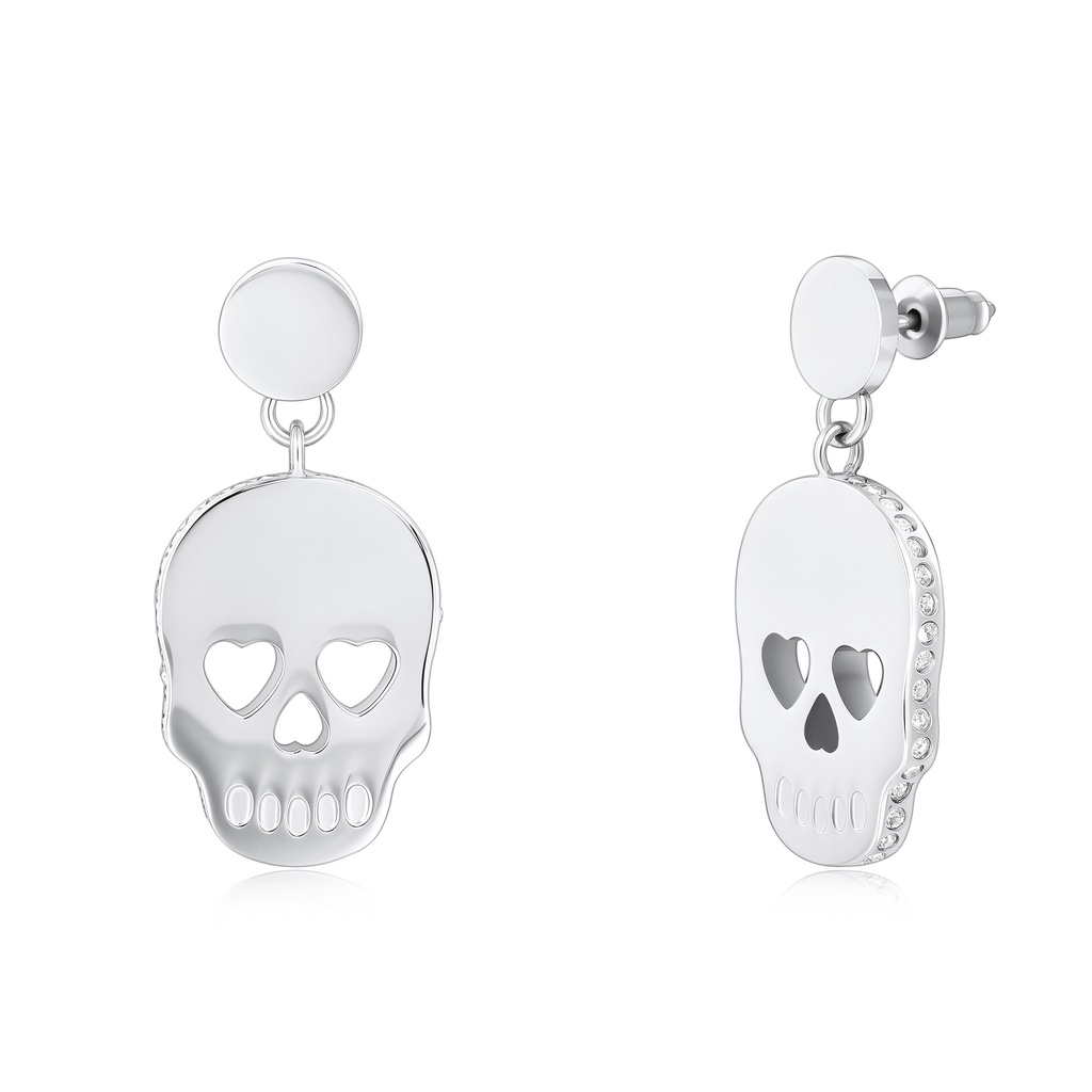 Silver Color Stainless Steel Skull Earrings with Crystals and Heart Eyes