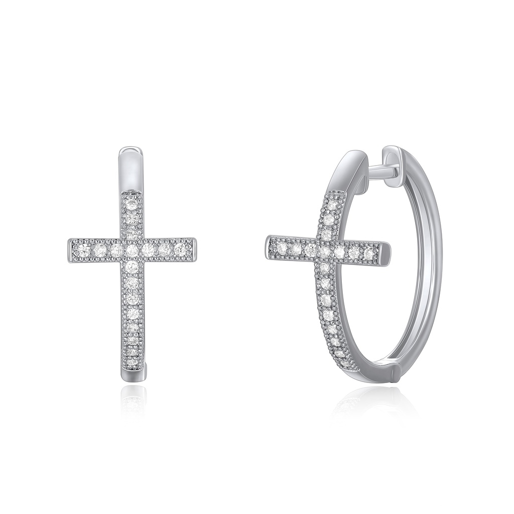 Silver Cross Hoop Earrings with Sparkling Pave Crystal Inlays