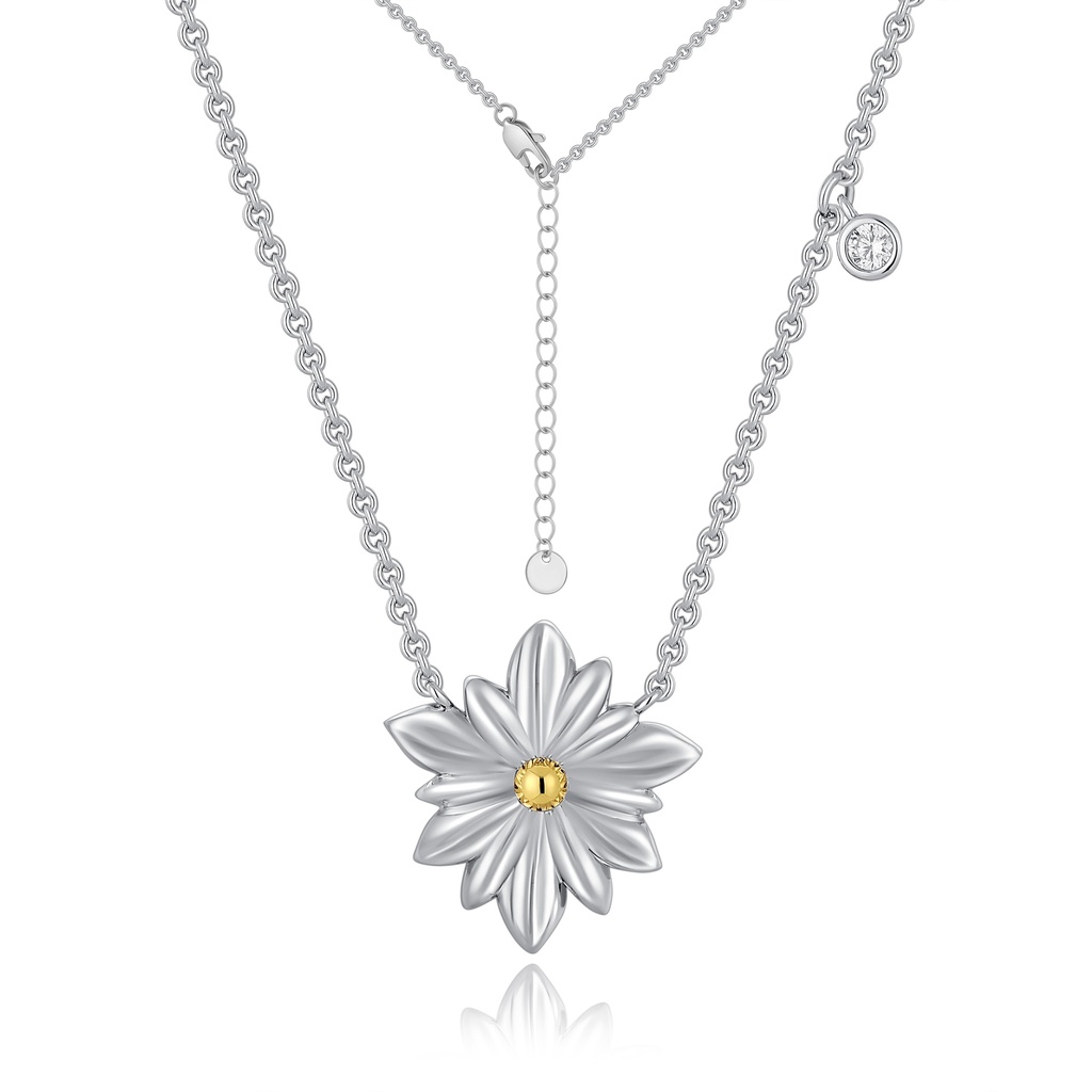 Silver Daisy Necklace with Yellow Center and Delicate Crystal Charm