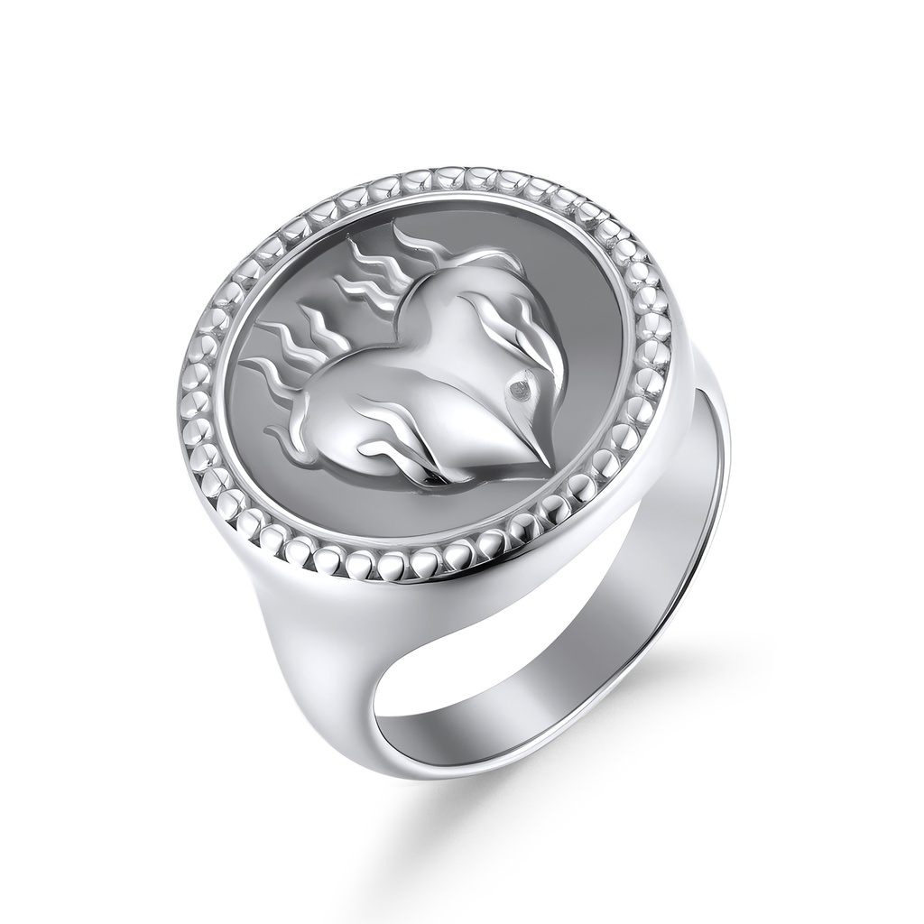 Silver Flaming Heart Ring with Detailed Round Bezel Design
