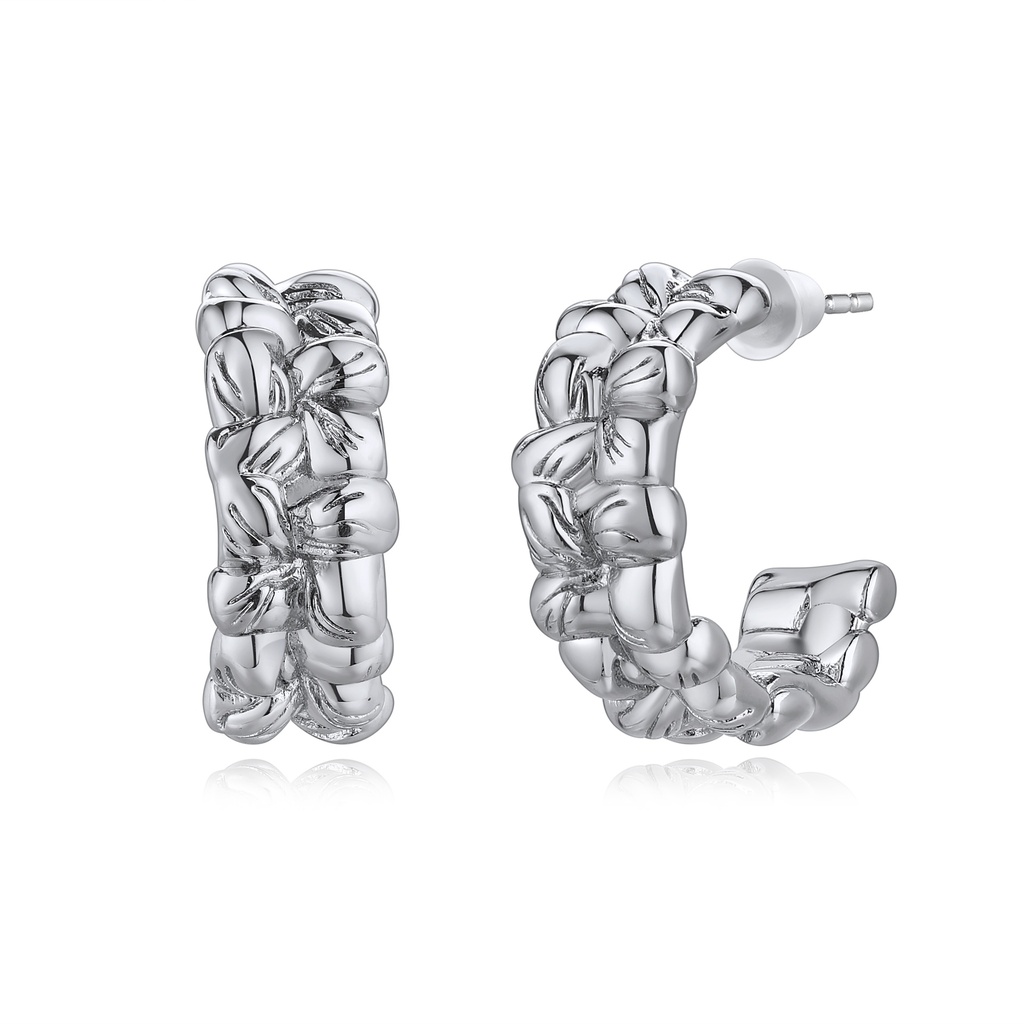 Silver Floral Pattern Hoop Earrings in Braided Design