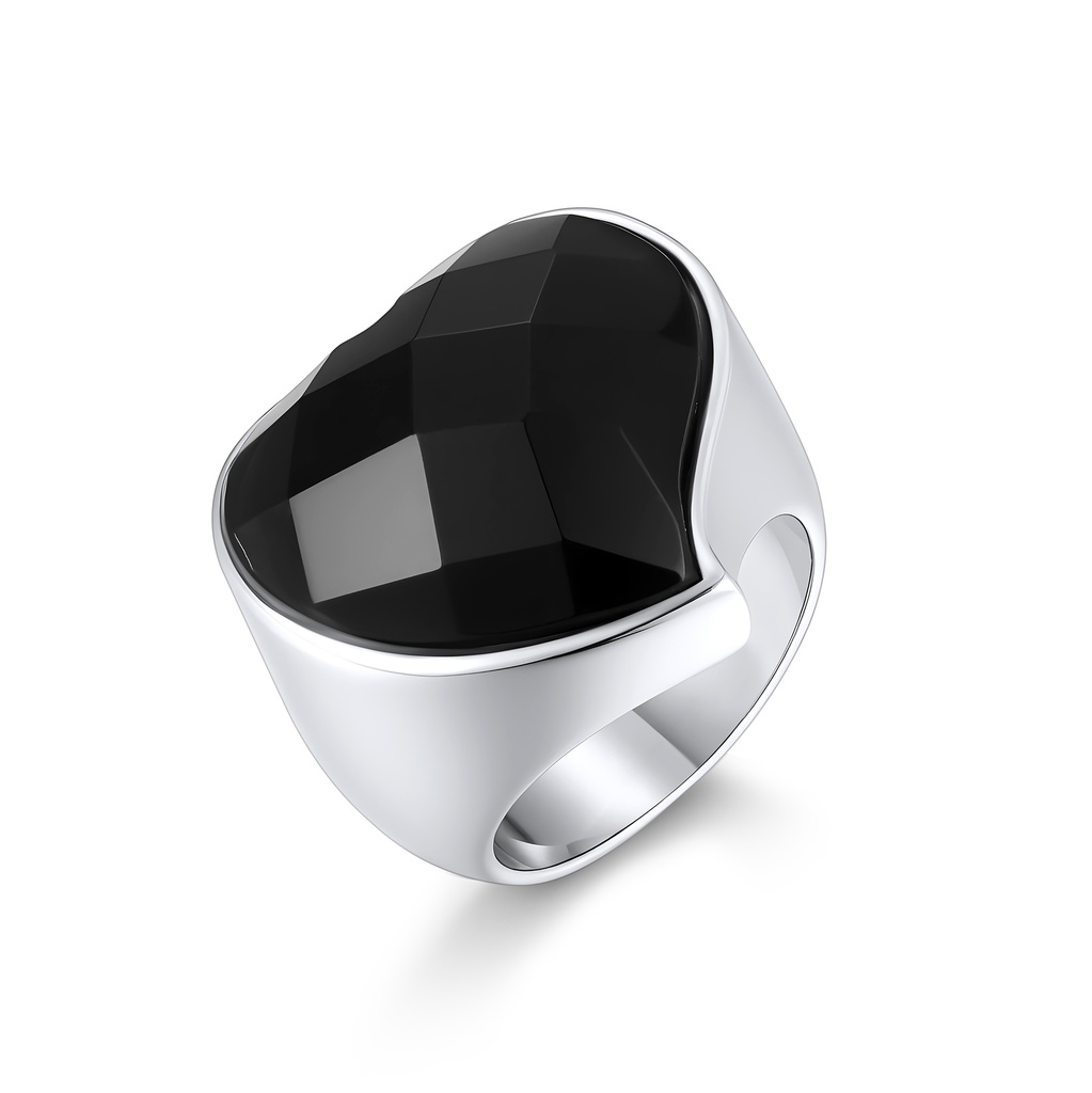 Bold Stainless Steel Ring with Oversized Faceted Black Stone