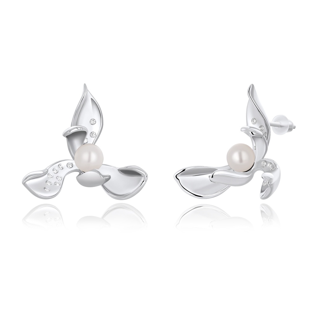 Silver Flower Petal Earrings with Central Pearl Detail