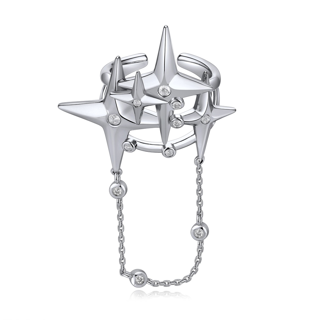 Silver Galaxy Ring with Stars, Chain, and Crystals