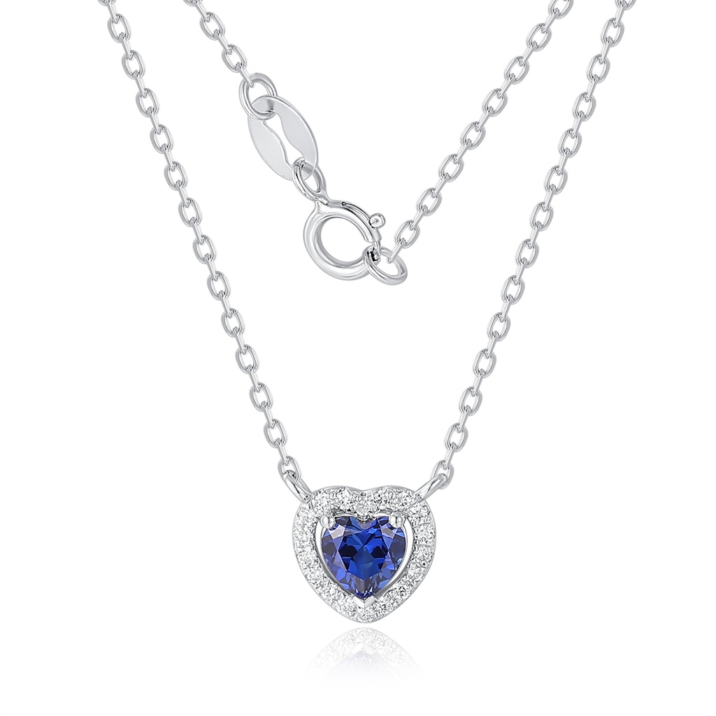 Silver Heart Pendant Necklace with Blue CZ and Pave Diamond Halo