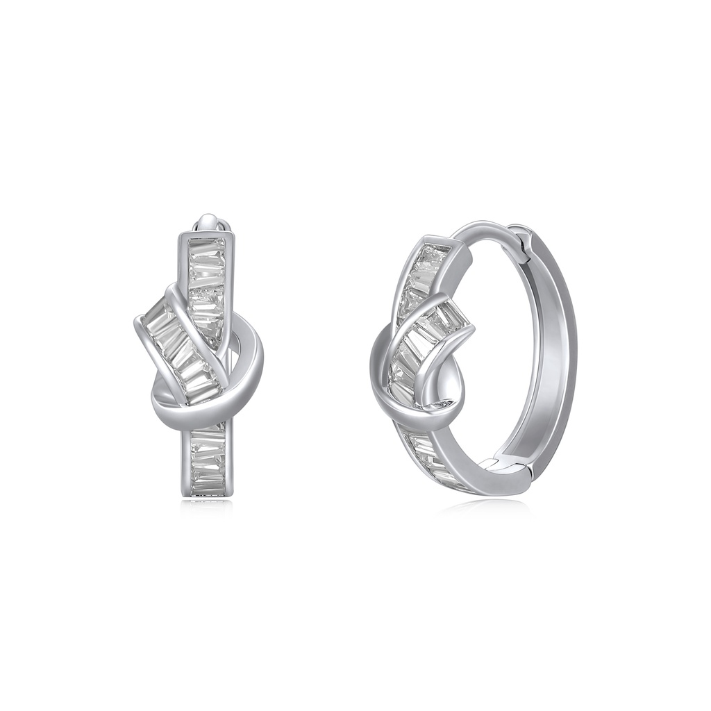 Silver Hoop Earrings with Baguette Crystals and Knot Detail