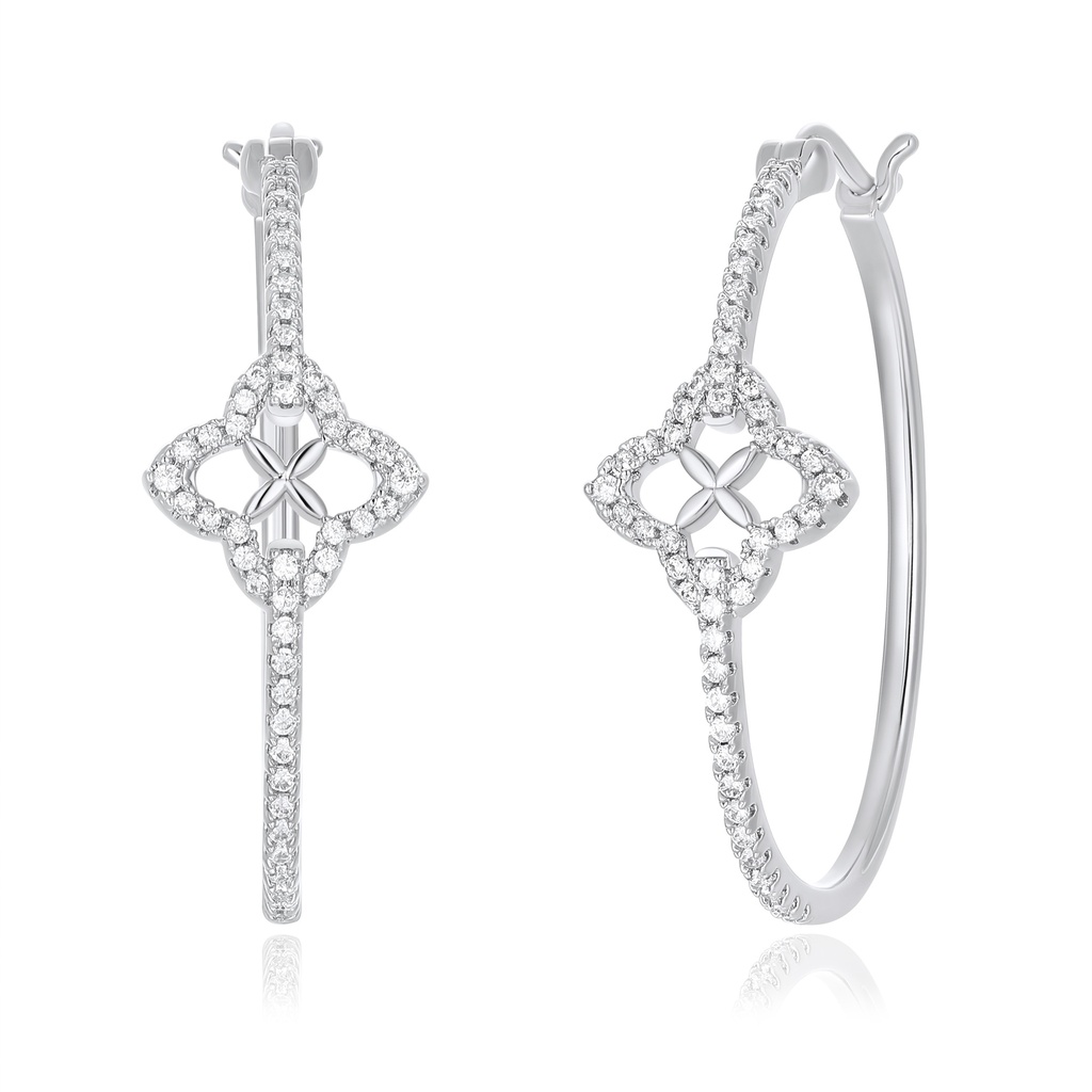 Silver Hoop Earrings with Radiant Diamond-Accented Floral Centerpiece