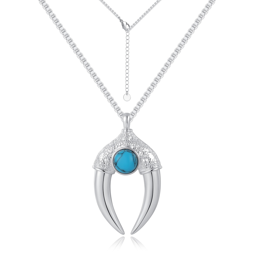 Silver Horn Claw Necklace with Blue Stone Tribal Charm