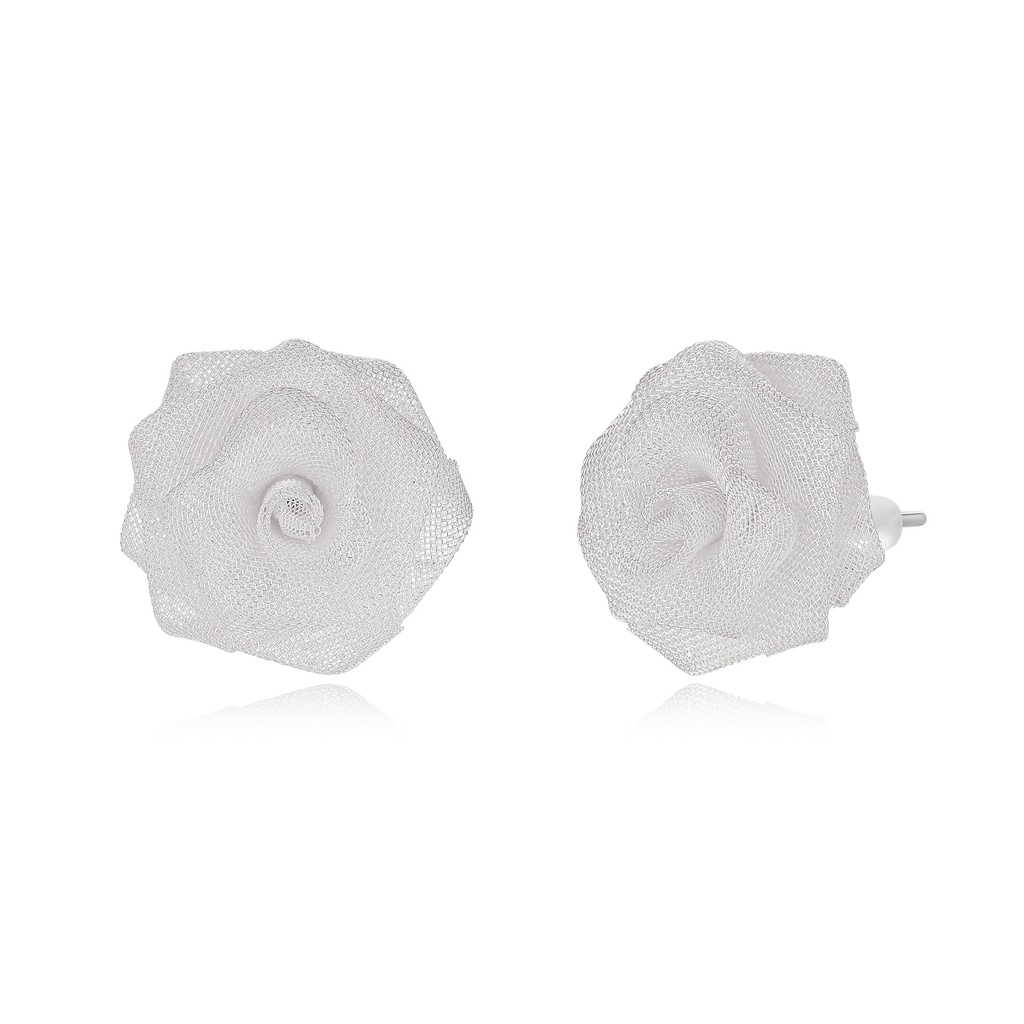Silver Mesh Rose Stud Earrings, Feminine and Ethereal Floral Design