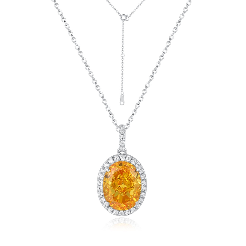 Silver Necklace with Oval Yellow CZ Pendant and Pave Diamond Halo