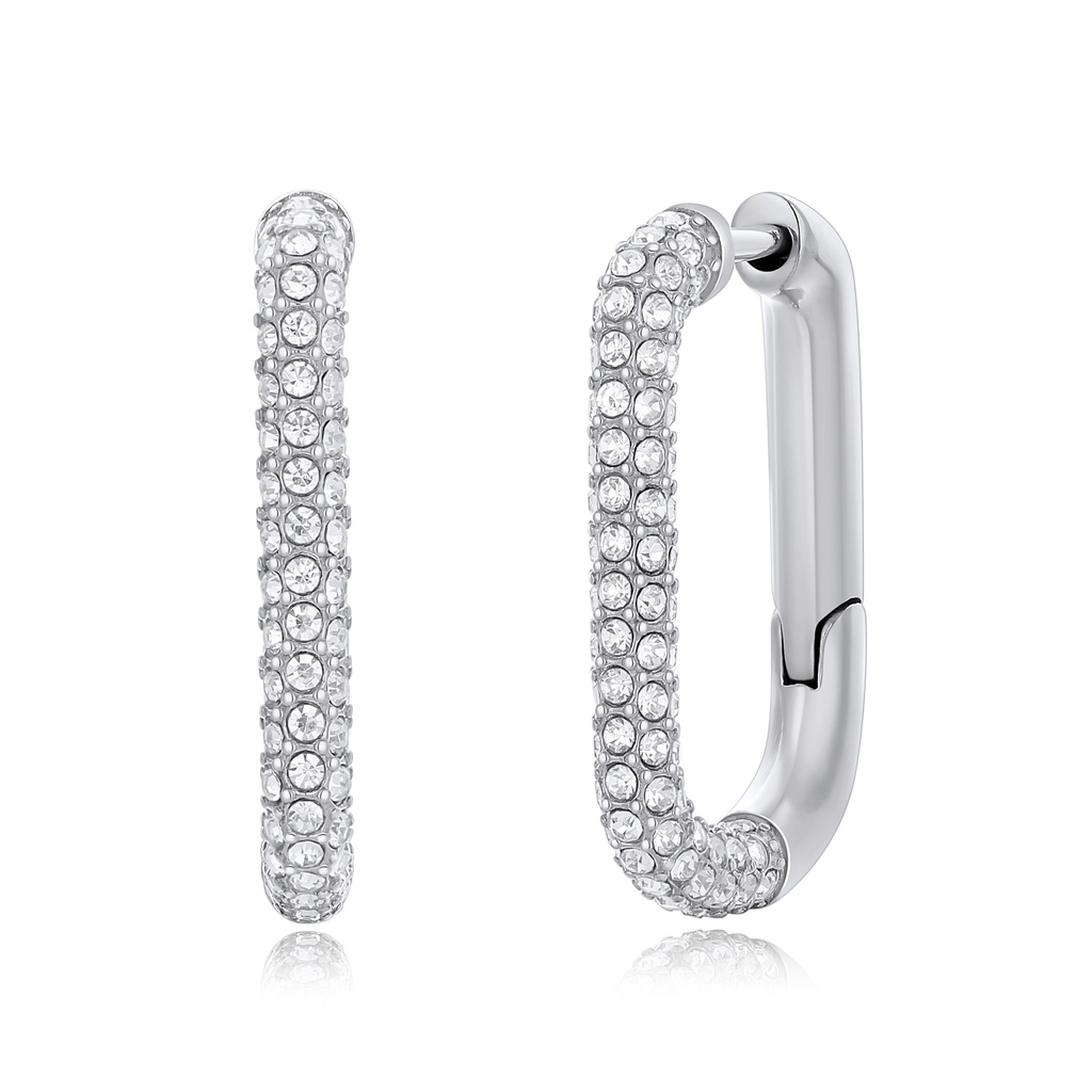 Silver Oval Hoop Earrings with Pavé CZ and Stainless Steel