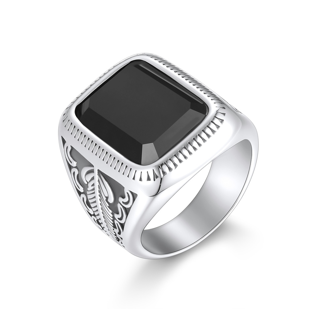 Bold Stainless Steel Signet Ring with Black Square Gemstone