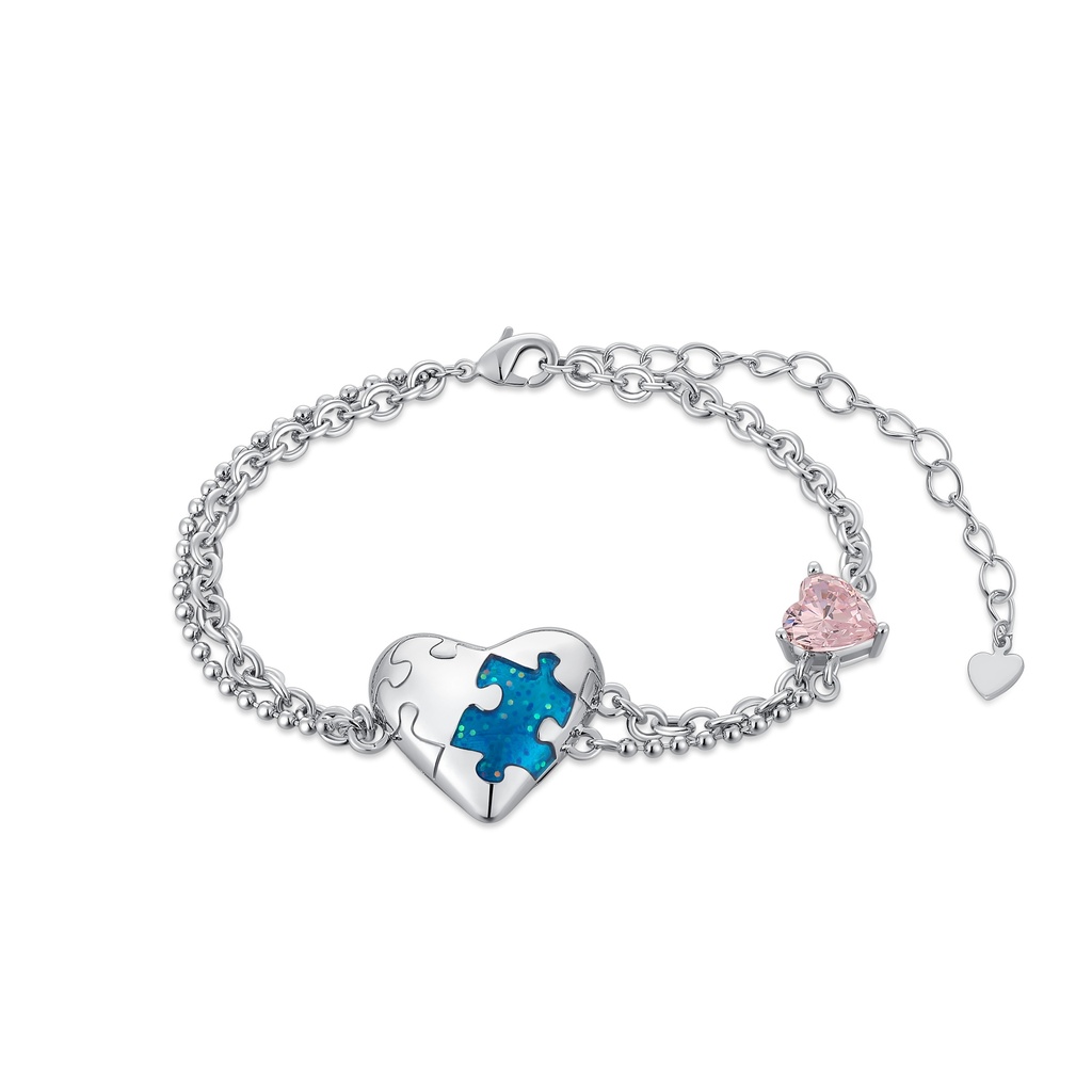 Silver Puzzle Heart Bracelet with Pink and Blue Crystals