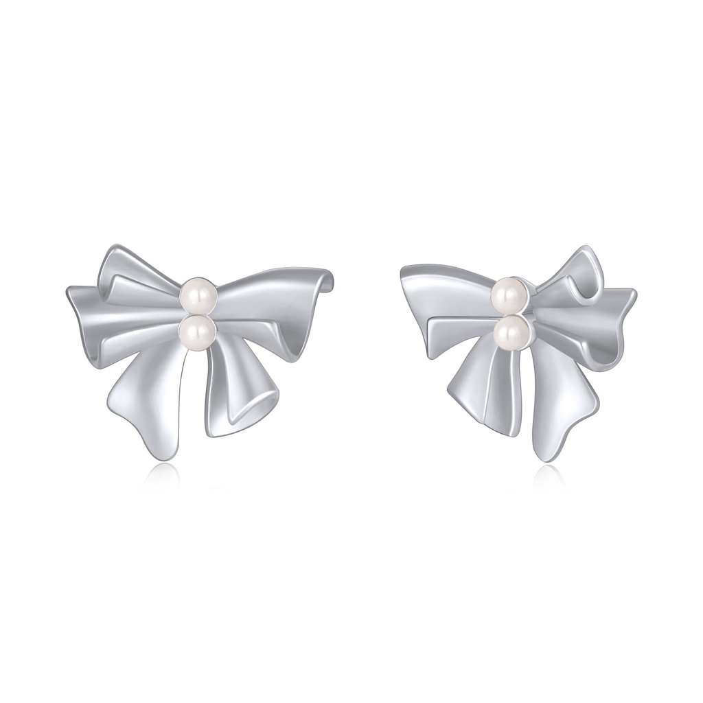 Silver Ribbon Pearl Bow Stud Earrings for Women