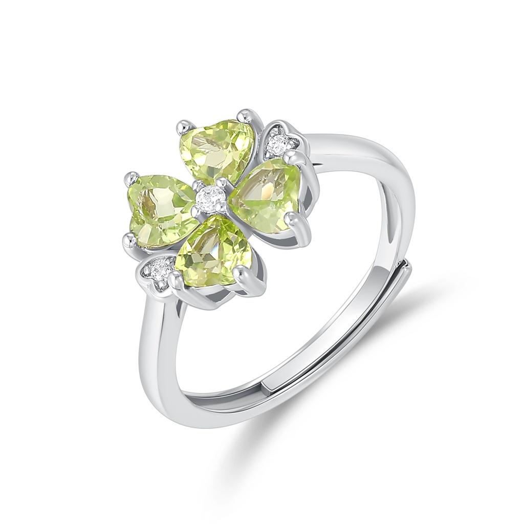 Silver Ring with Green Gemstone Clover and Sparkling White Accents