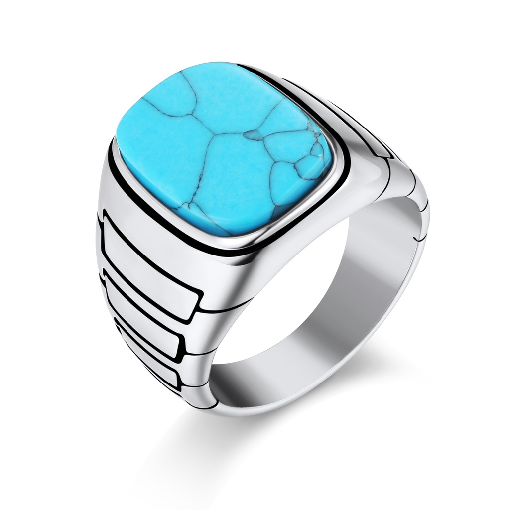 Bold Stainless Steel Signet Ring with Vibrant Turquoise Inlay
