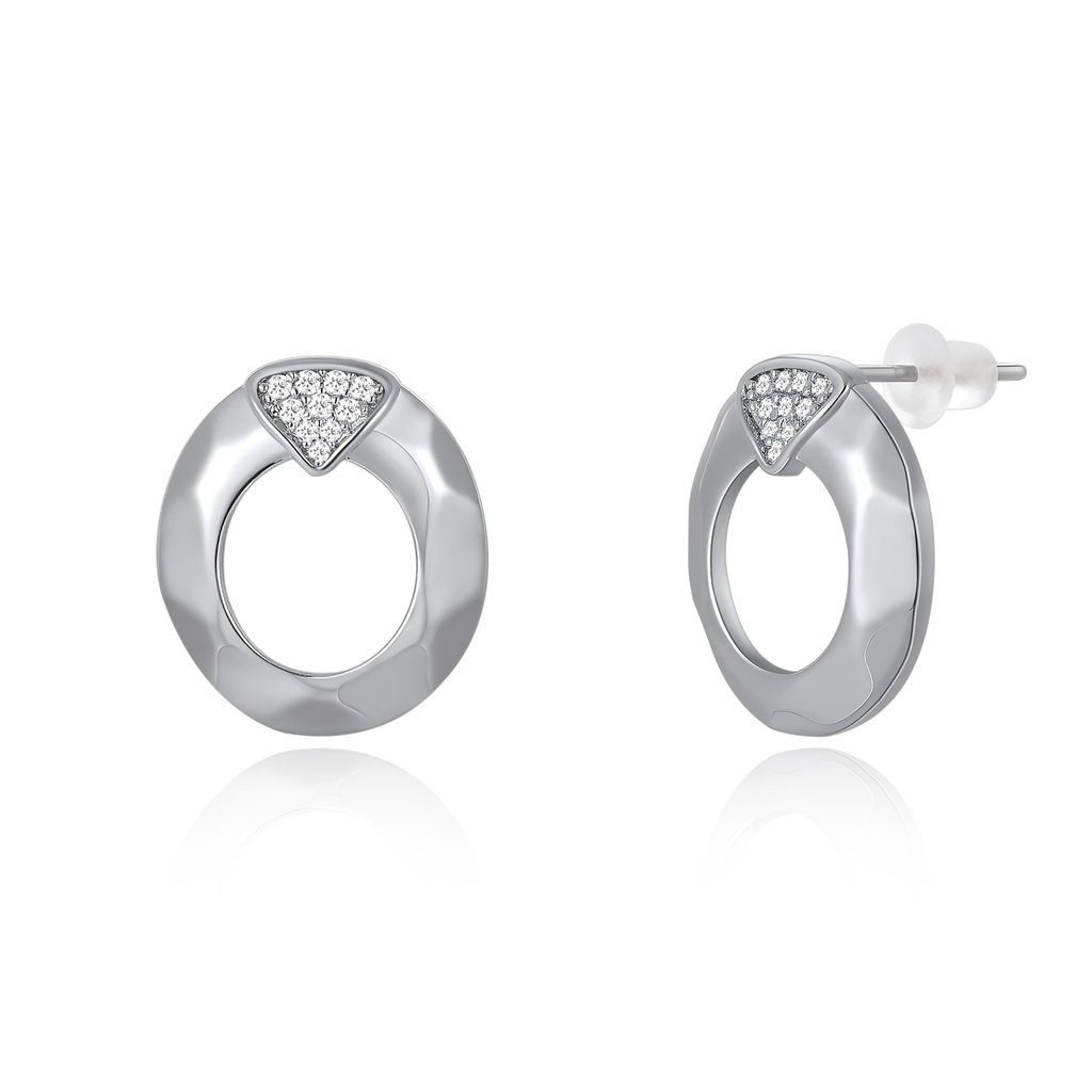 Silver Round Stud Earrings with Triangle Crystal Accent