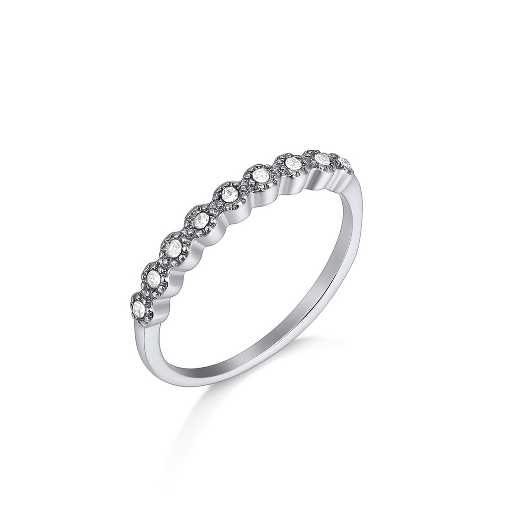 Silver Stainless Steel Band Ring with Scalloped Crystal Setting