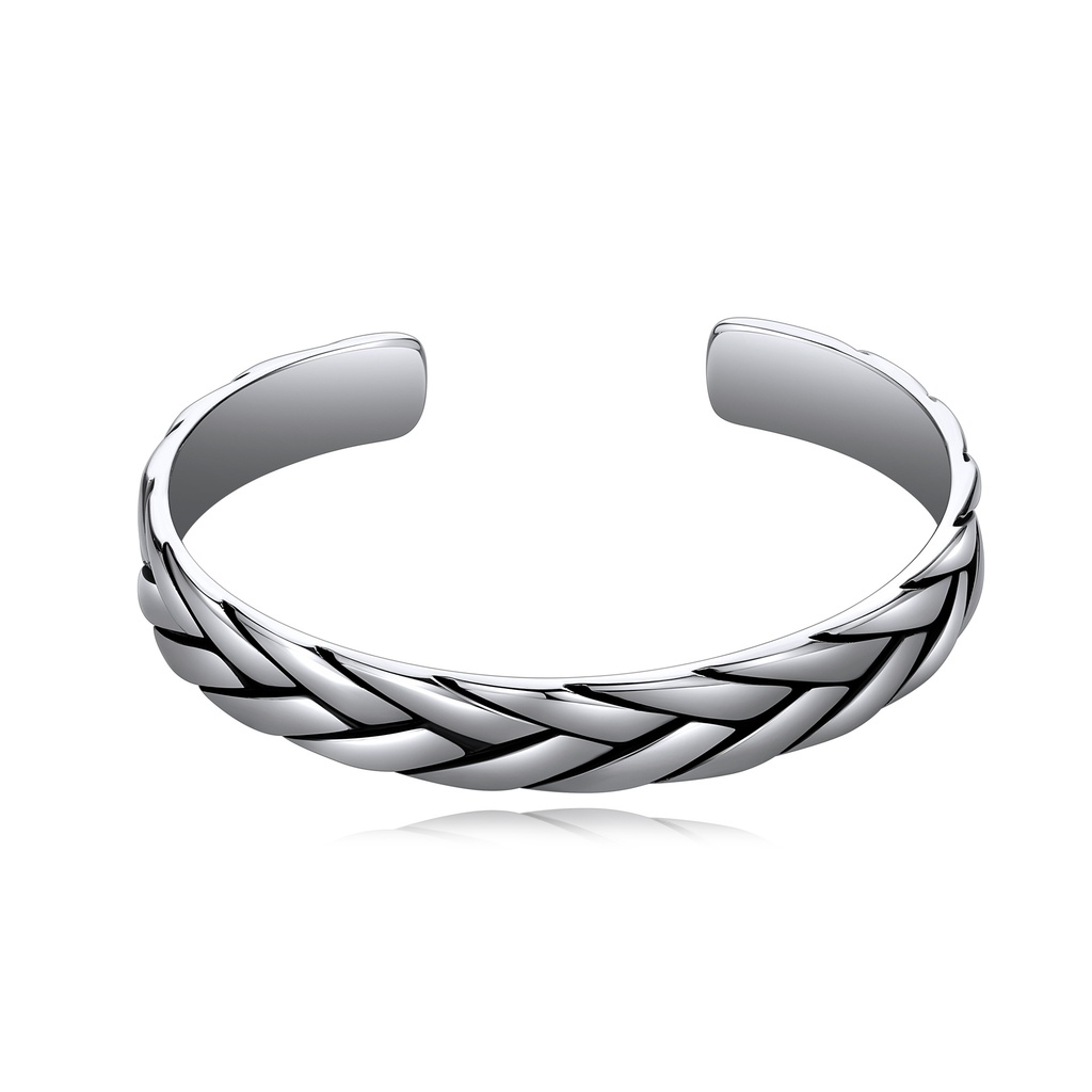 Silver Stainless Steel Braided Pattern Open Cuff Bangle Bracelet