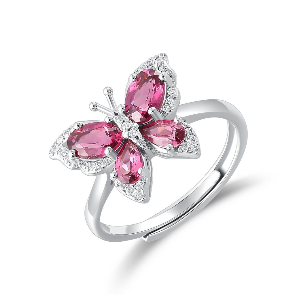 Silver Stainless Steel Butterfly Ring with Pink Gemstones and Zircon