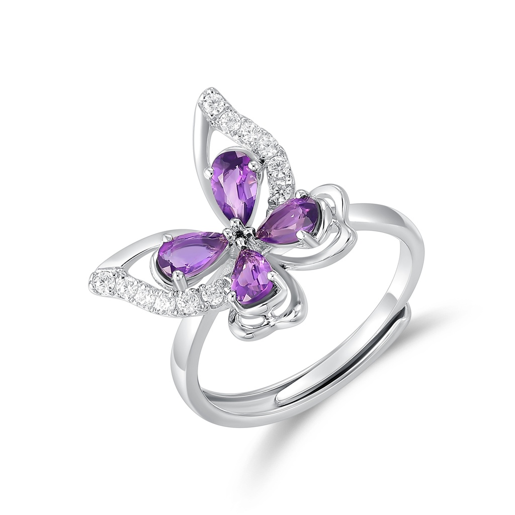 Silver Stainless Steel Butterfly Ring with Purple and Clear Stones