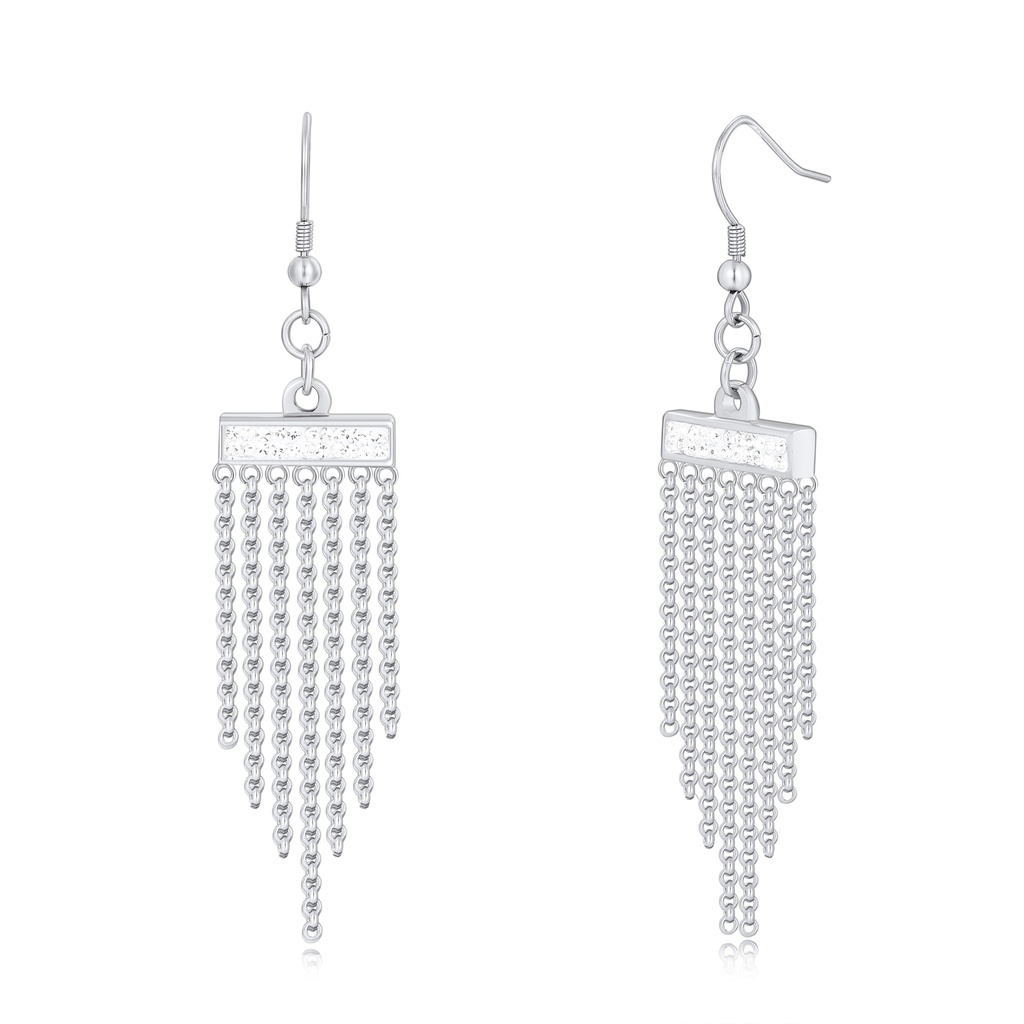 Silver Stainless Steel Dangle Earrings with Sparkling Chain Tassel Fringe