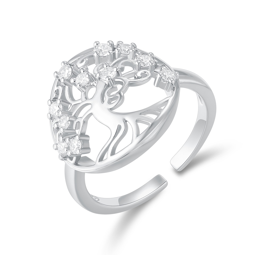 Silver Stainless Steel Deer Tree Openwork Adjustable Ring with CZ