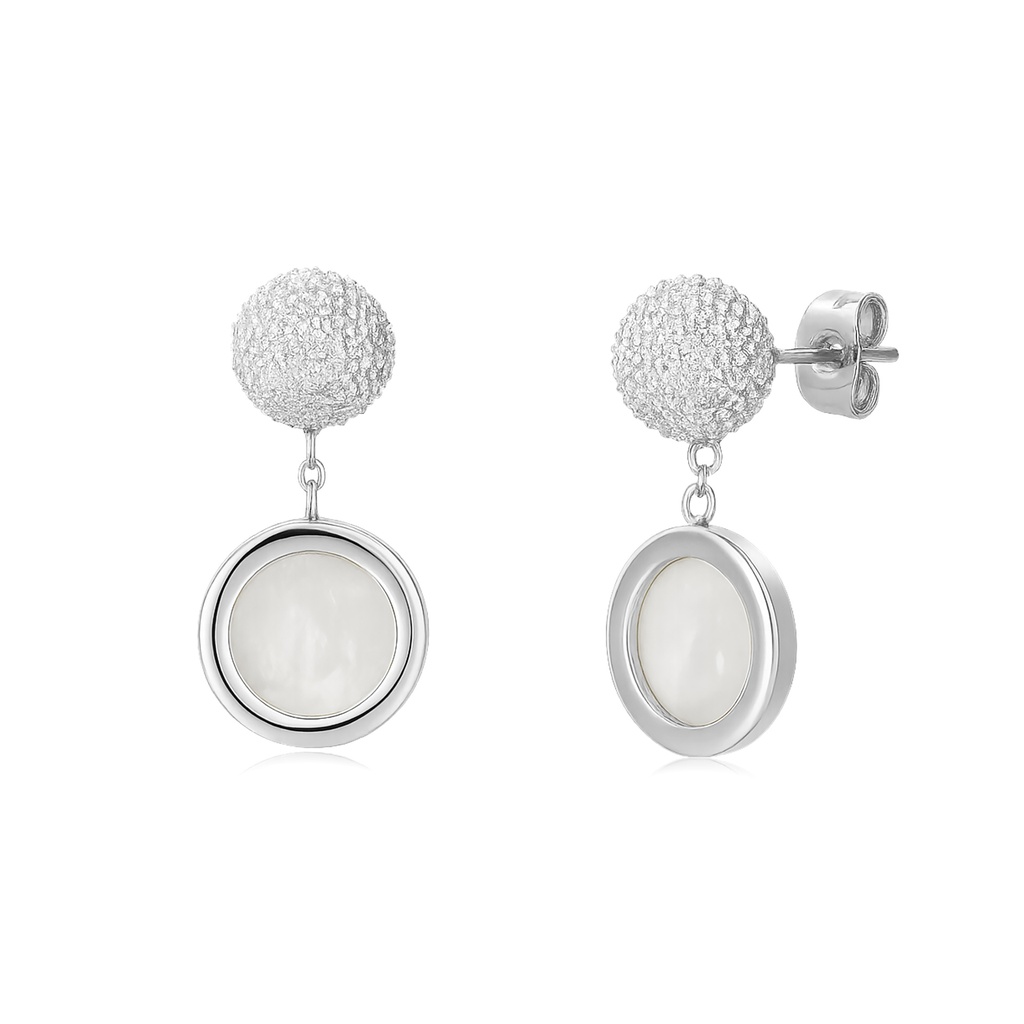 Silver Stainless Steel Drop Earrings with Textured Ball and Shell