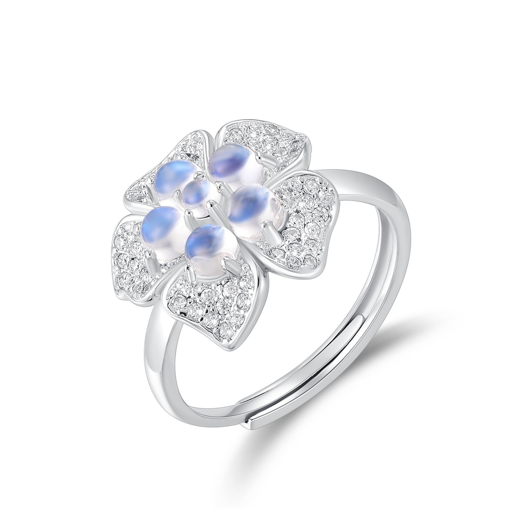 Silver Stainless Steel Flower Ring with Moonstone and Zircon