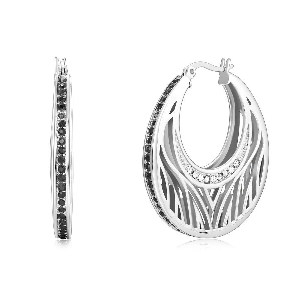 Silver Stainless Steel Hoop Earrings with Black Crystal Inlay