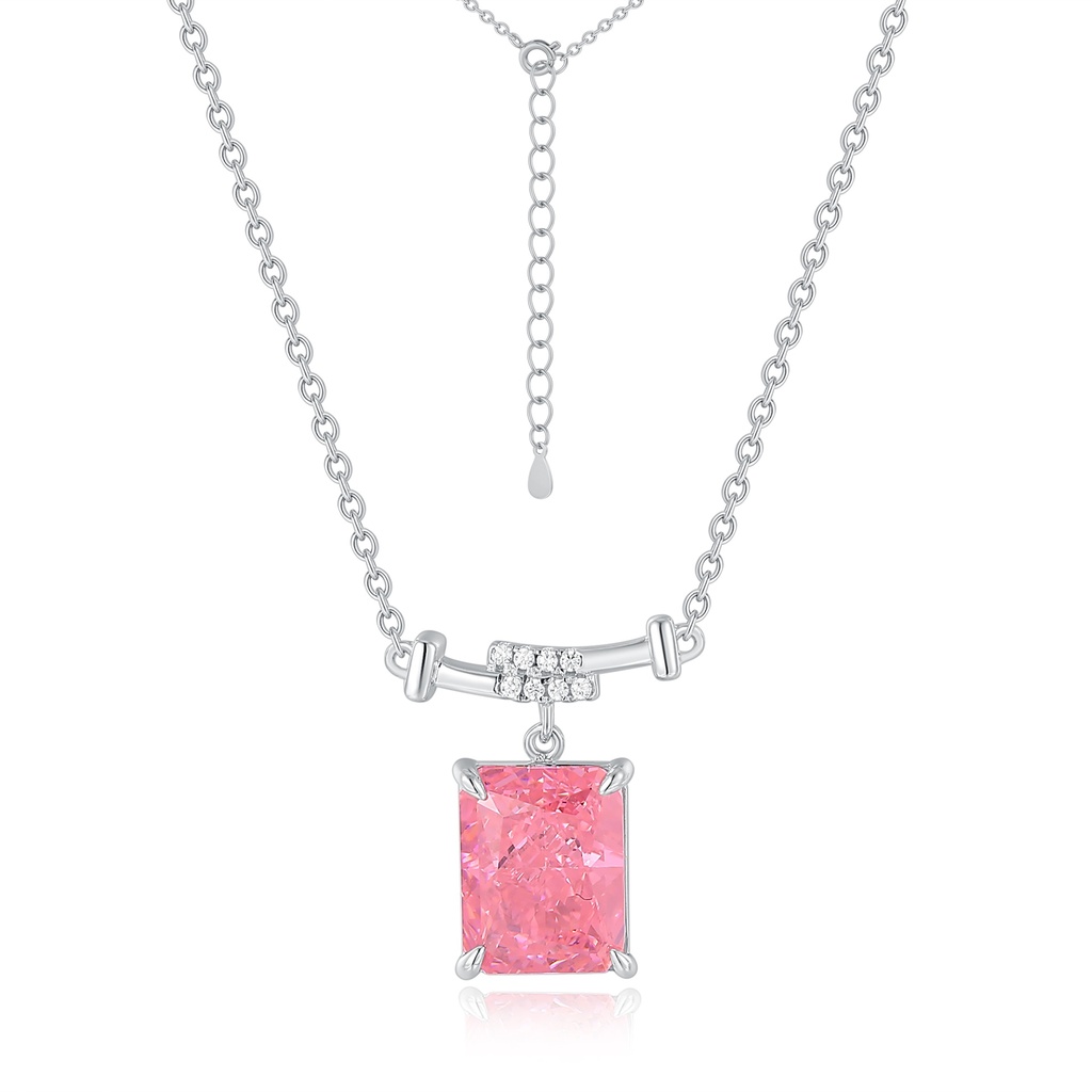 Silver Stainless Steel Necklace with Pink Radiant CZ Bar Pendant