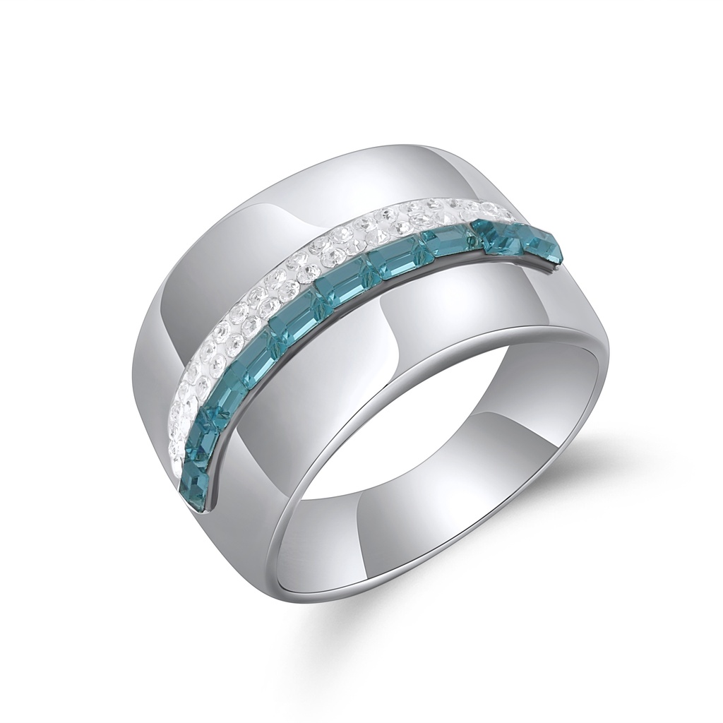 Silver Stainless Steel Ring with Aqua and Clear Crystal Inlay