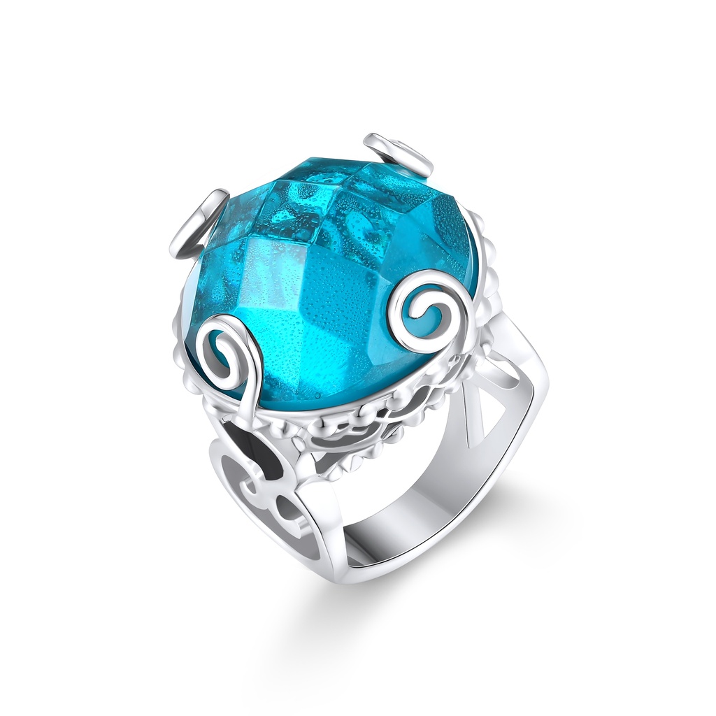 Silver Stainless Steel Ring with Blue Faceted Gemstone and Swirl Design