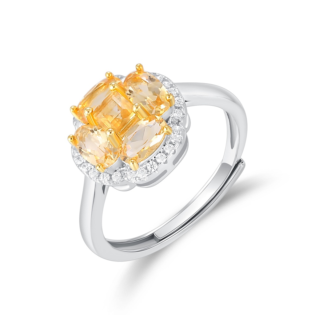 Silver Stainless Steel Ring with Citrine Cluster and Zircon Halo