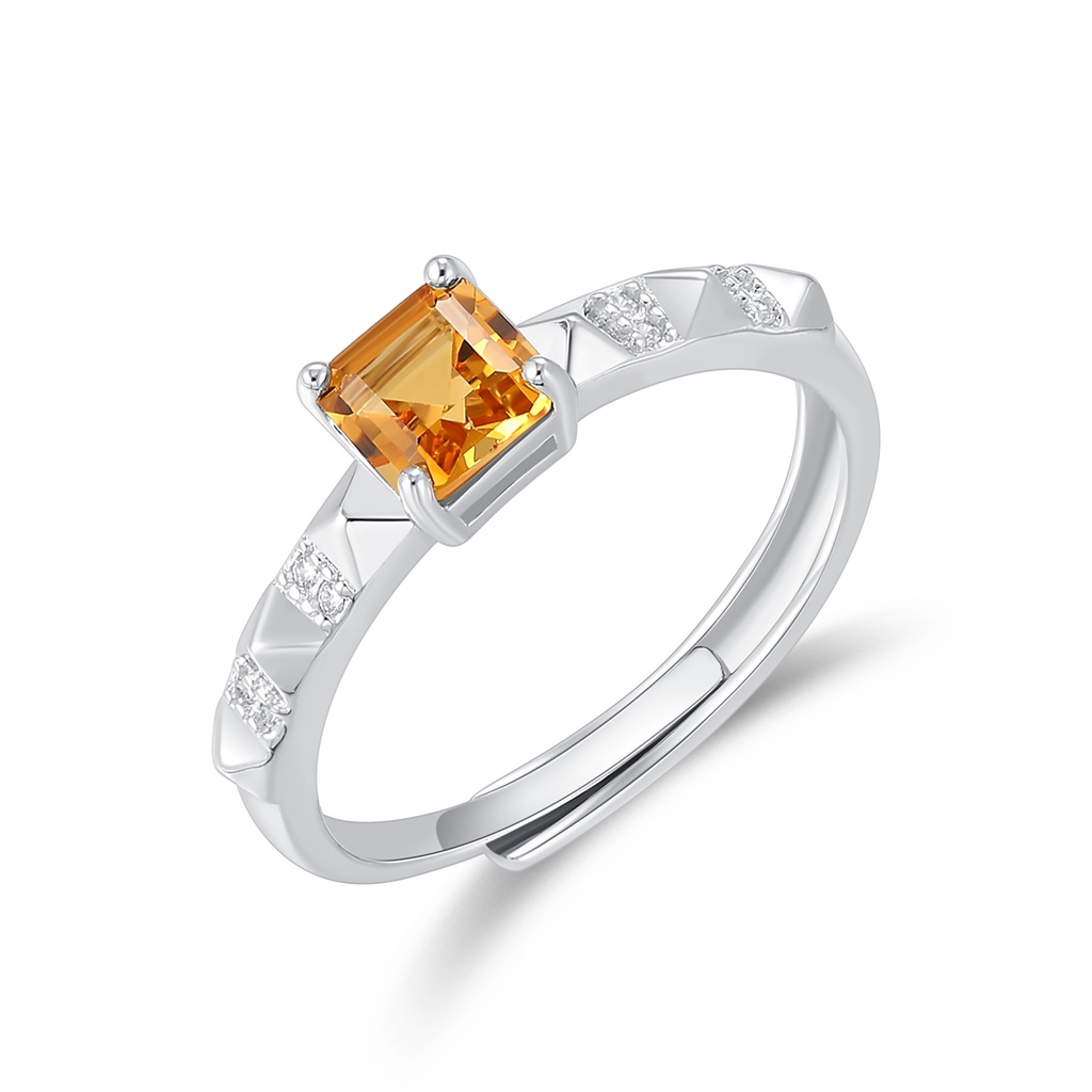 Silver Stainless Steel Ring with Citrine and Cubic Zirconia