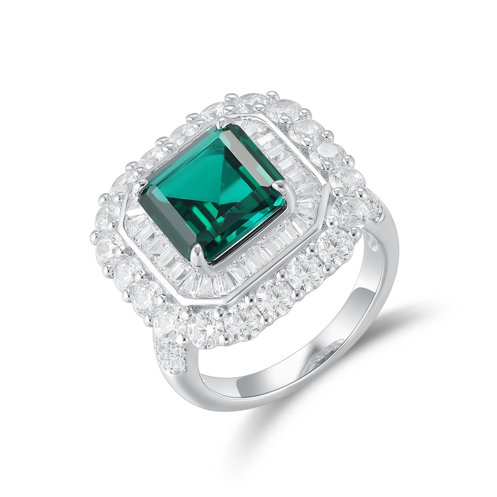 Silver Stainless Steel Ring with Green Emerald Square Crystal
