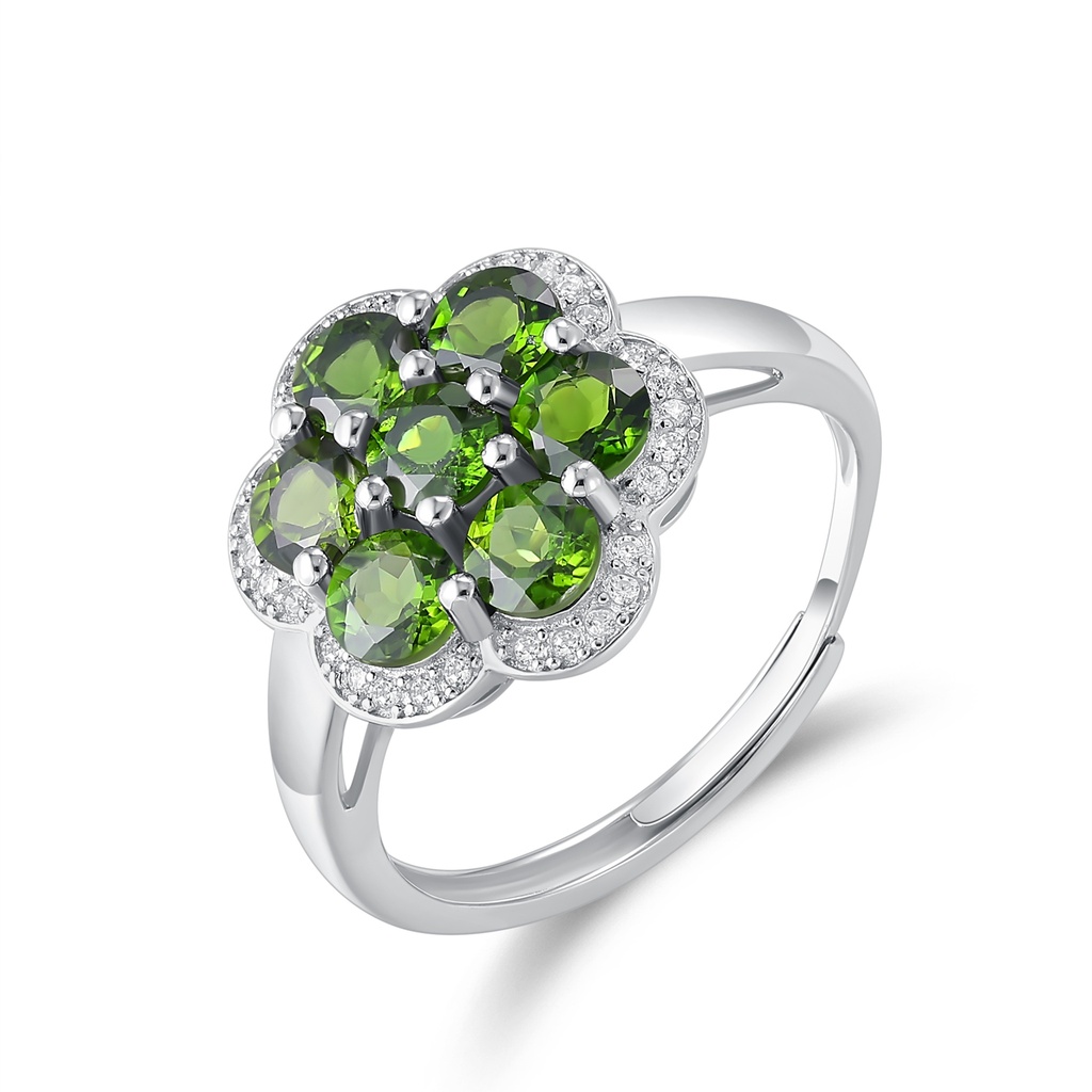 Silver Stainless Steel Ring with Green Gemstone Floral Cluster