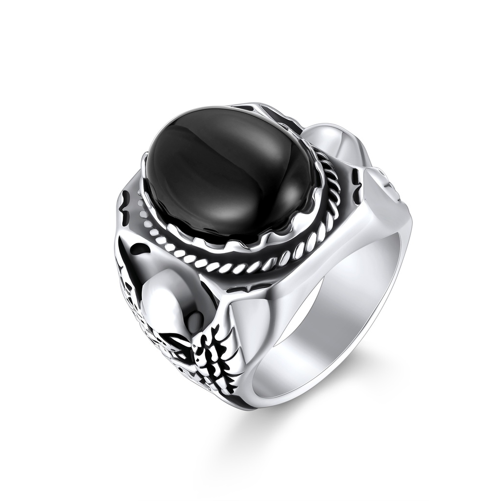 Bold Stainless Steel Skull Ring with Black Onyx Centerpiece
