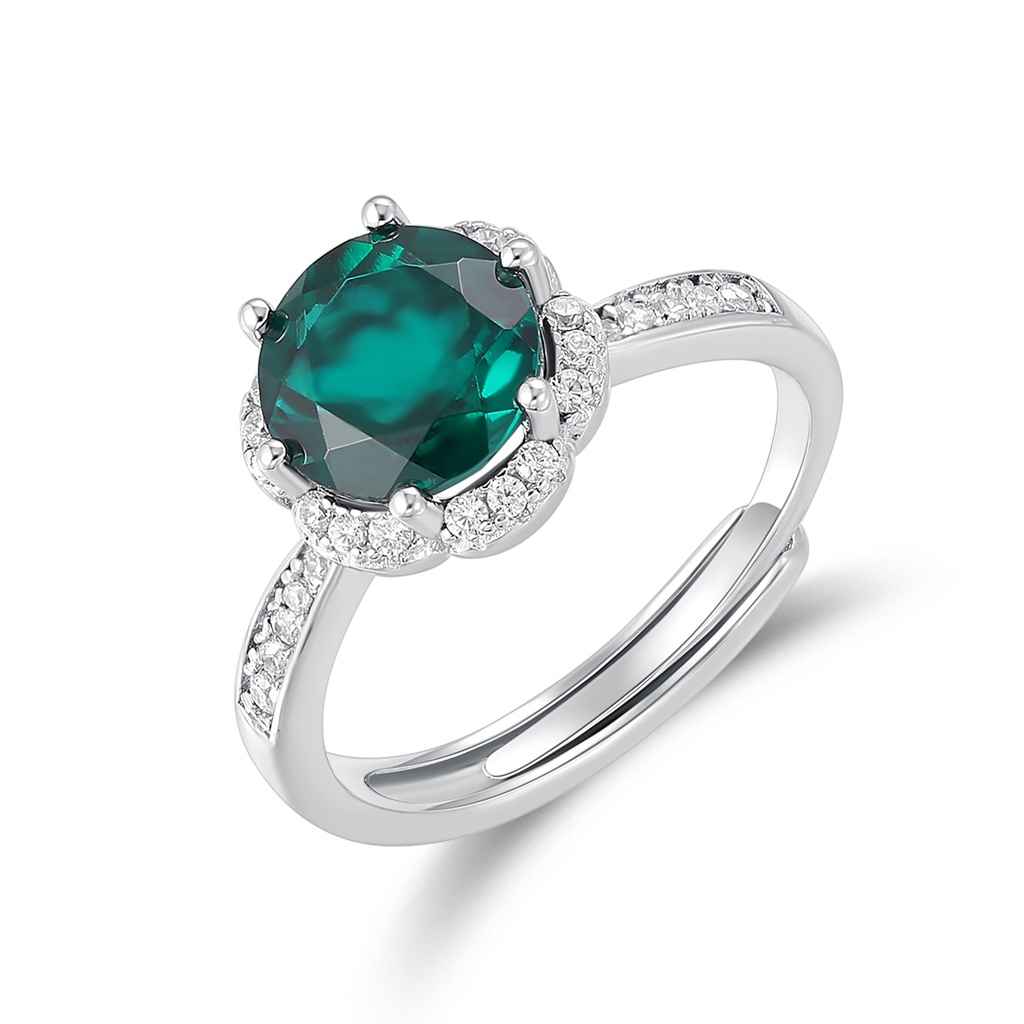 Silver Stainless Steel Ring with Green Gemstone and Zircon Halo
