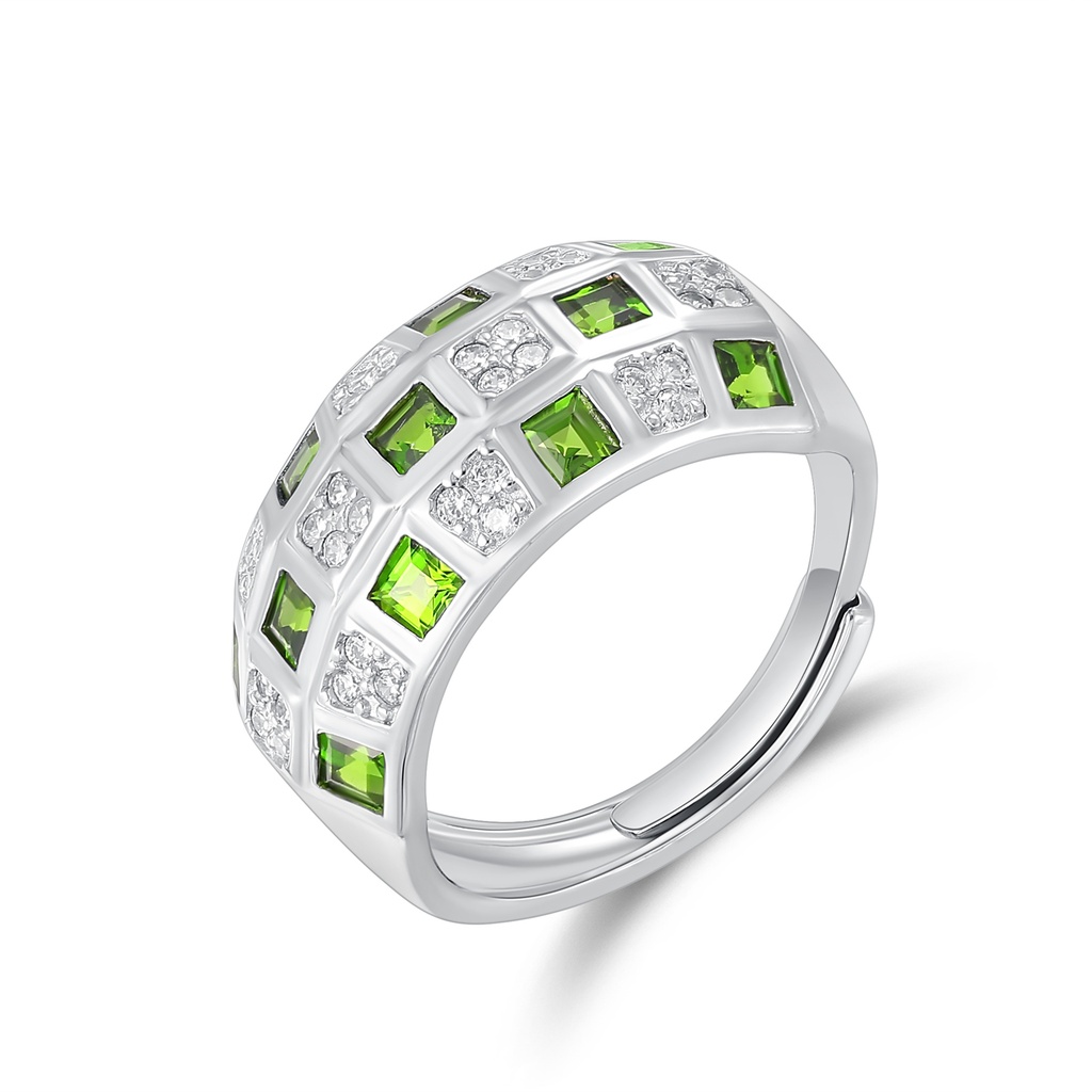 Silver Stainless Steel Ring with Green and Clear Geometric Stones