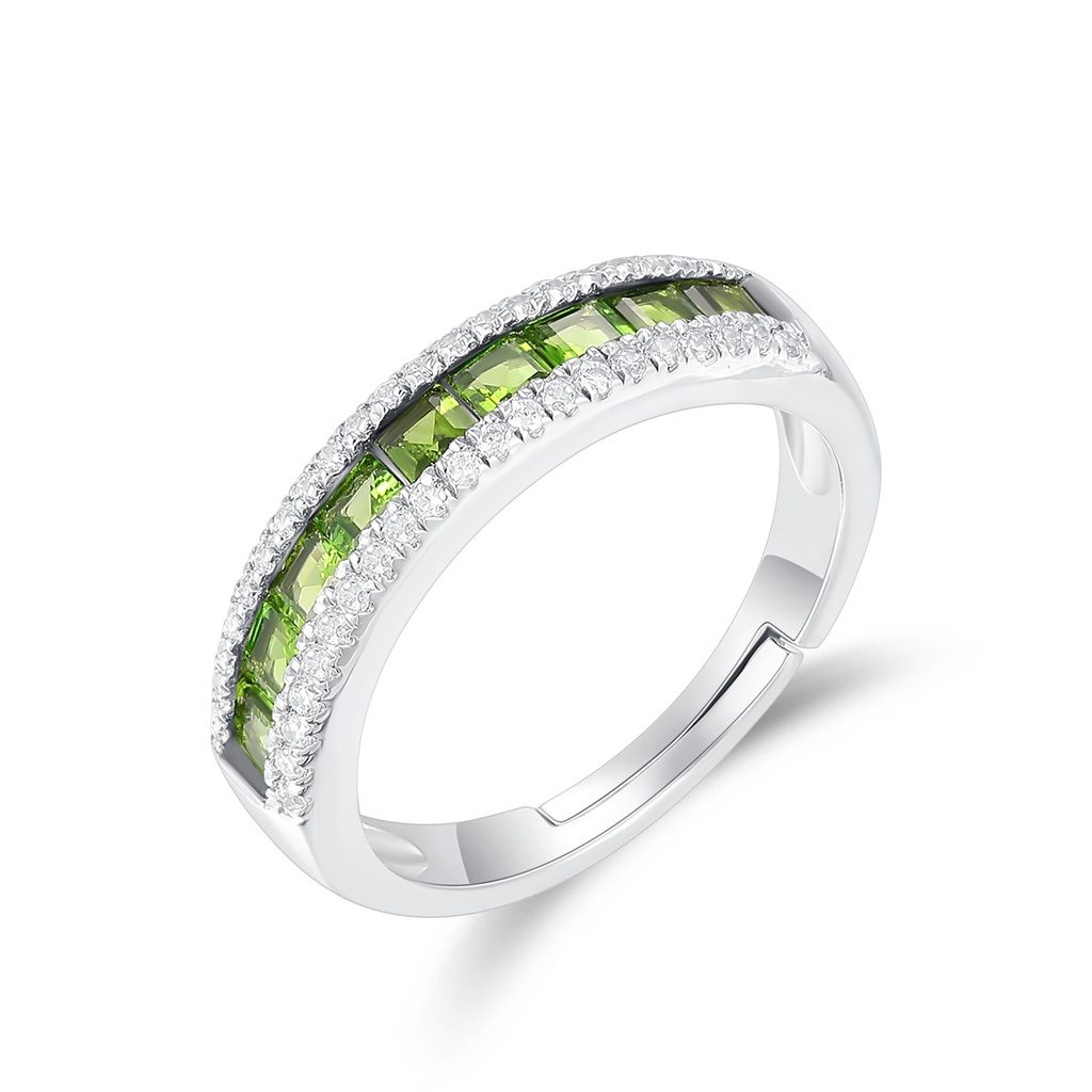 Silver Stainless Steel Ring with Green and Clear Zircon Rows
