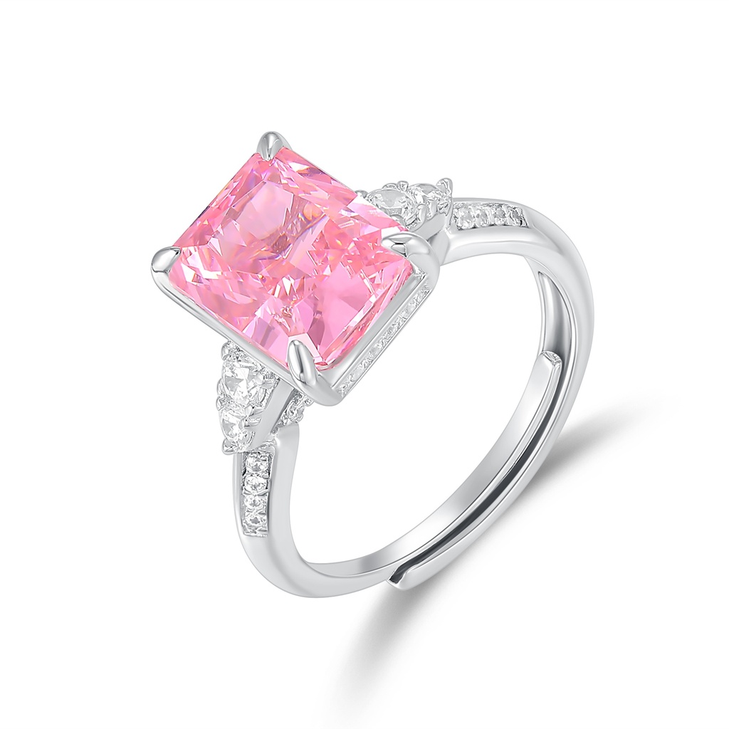 Silver Stainless Steel Ring with Pink Emerald-Cut Gemstone