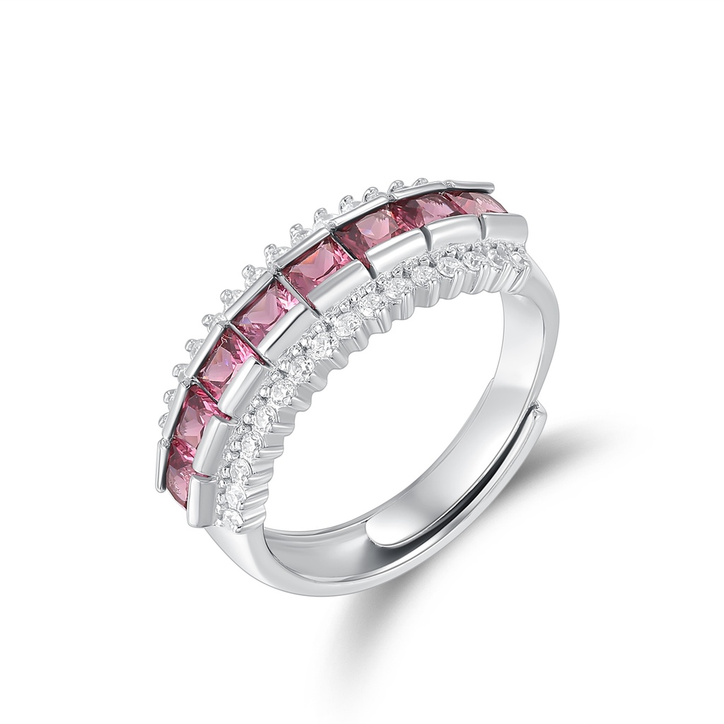 Silver Stainless Steel Ring with Pink and Clear Zircon Rows