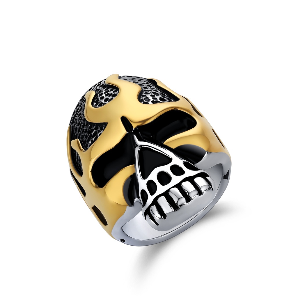Bold Stainless Steel Skull Ring with Gold Flame Design